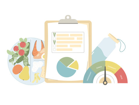 Well being concept. Diet plan schedule program and healthy eating plate with bmi chart. Nutrient counting checklist. Meal tracking concept. Weight loss control. Vector flat illustration isolated