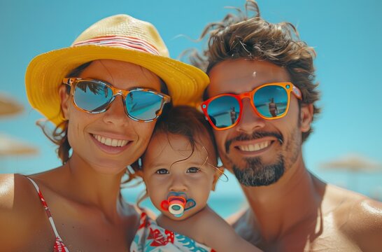a family with baby on beach vacation with the glasses on