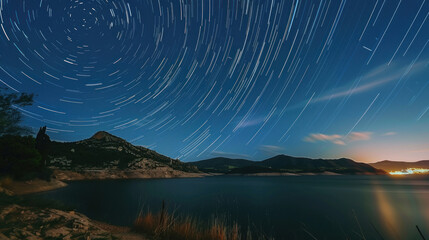Beautiful night landscape of a lake in mountains, colorful star trails on the sky