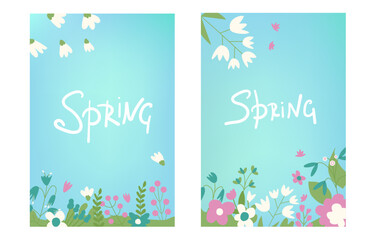 Spring backgrounds set with lettering. Flower abstract banner templates collection. Two covers with decoration. Vector flat illustration