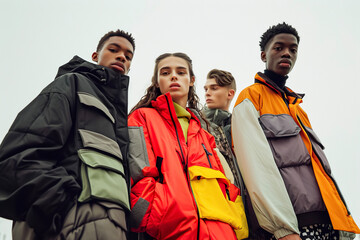 A group of models wearing edgy streetwear, with oversized jackets and baggy pants