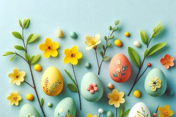 Easter eggs in soft pastels among pussy willow branches and yellow flowers on a blue surface. easter background