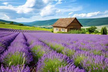 a lavender field with a wooden house in the background