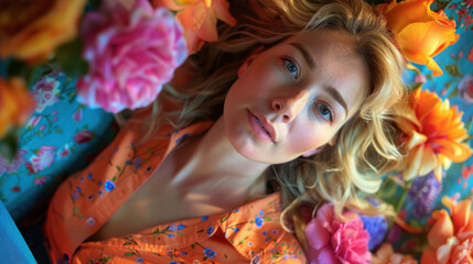 young 30 years blonde woman on the colorful flower