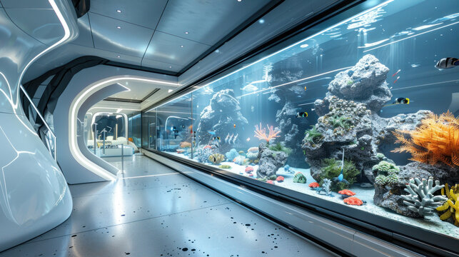 Fototapeta cozy interior design with a high level of detail and one wall consists of a fish tank