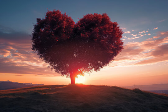 A heart-shaped tree with a sunset background.