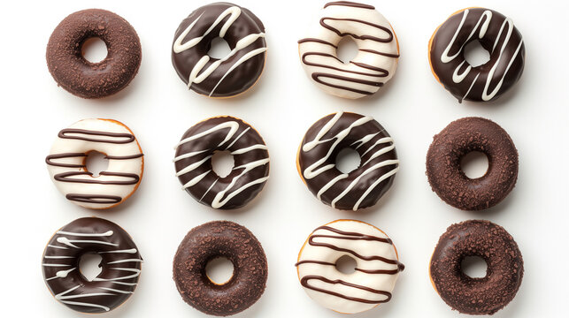 Chocolate donuts isolated on white background. Top view. Flat lay pattern.