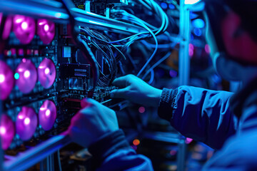A person using a cryptocurrency mining rig