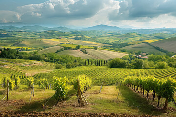 Fototapeta na wymiar A panoramic view of a beautiful wine region with rolling hills and vineyards