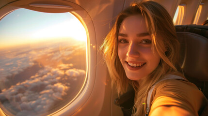 woman selfie photo, inside the passenger plane - obrazy, fototapety, plakaty