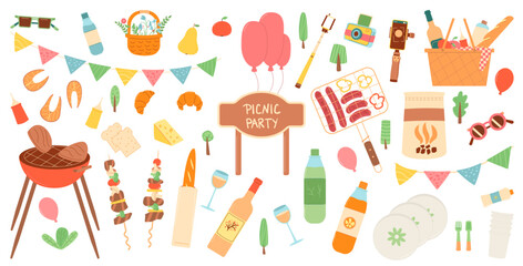 Fototapeta na wymiar Picnic party set isolated on white background. Spring holiday celebration activity elements. Summer birthday meal in park. Grill, bbq, garland basket with beverages and food. Vector flat illustration