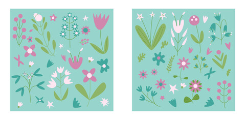 Flowers card set. Floral elements. Vector flat illustration