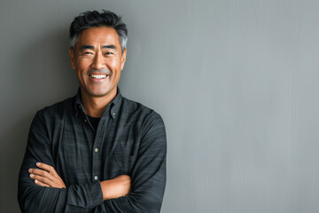 Confident Asian Businessman Smiling in Casual Attire Against a Neutral Background with Ample Copy Space