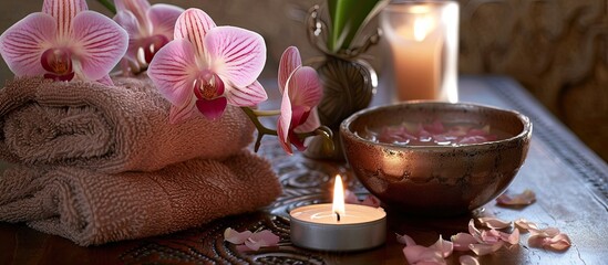 A wooden table is adorned with neatly folded towels, a flickering candle, a pink orchid, and a bowl of petals. The scene suggests a spa-like atmosphere with attention to detail and relaxation.