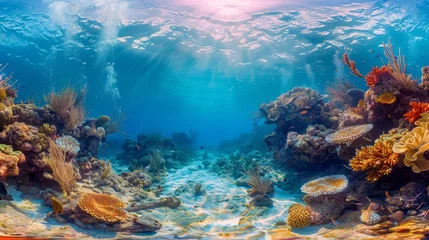 Fotobehang Underwater Coral reef and bright ray sun. Generative AI © itchaznong
