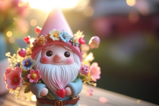 cute gnome on the table with flowers on a blurred background with bokeh with sun rays, greeting card for mother's day and women's day.