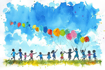 A watercolor illustration of a group of children having a carnival on Easter, with a beautiful blue sky in the background