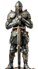 Obraz premium A knight in small armor like an ancient warrior, holding a sword, on transparent background