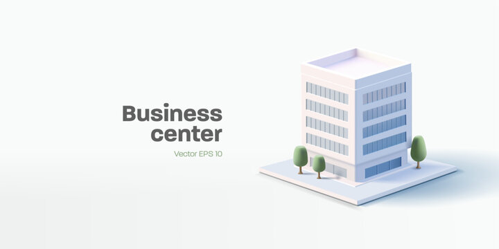 Business center building 3d render illustration with windows and trees, simple icon white colours