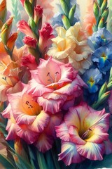 Fototapeta na wymiar Watercolor beautiful iris flowers. Modern artistic ornament.