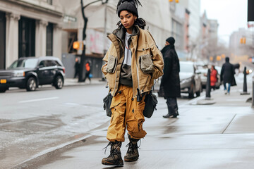 model wearing edgy streetwear, with oversized jackets and baggy pants