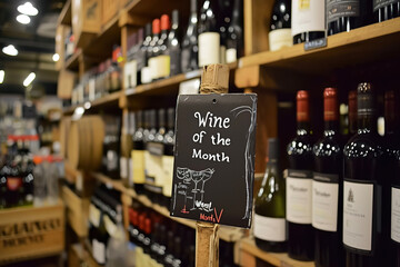 A wine shop with a variety of wine bottles on display and a sign that says "Wine of the Month"