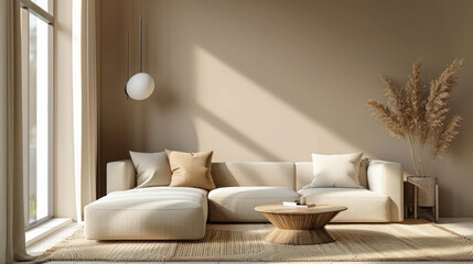 Fototapeta na wymiar a modern living room, in the style of naturalistic shadows, matte background, light brown and light beige, realistic rendering, nature inspired