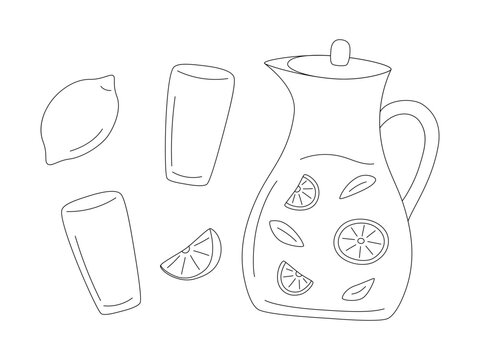 Pitcher of lemonade and glasses in line style. Vector jug and glasses, lemon and slice of lemon isolated on white background.