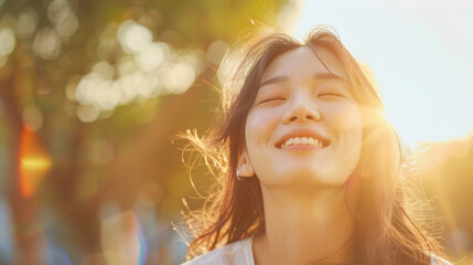 happy asian woman in bright tone daylight sunny day