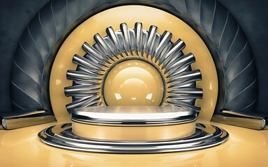 Pale yellow podium with brushed aluminum trim. 3d stage for product display. an abstract platform for product presentation. podium for advertising. Empty pedestal 3D model