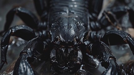 closeup shot of defensive black scorpion, a captivating glimpse into the world of predatory arachnids - obrazy, fototapety, plakaty