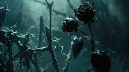In the eerie depths of darkness, love's tendrils weave around the sweet innocence of a flower, tainted by evil's touch - obrazy, fototapety, plakaty