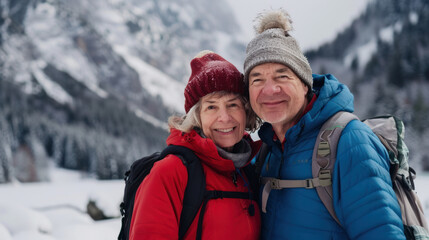 Fototapeta na wymiar Portrait cheerful smiling middle age woman hiking walking with her husband enjoying free time and nature. Active beautiful seniors in love together at winter day