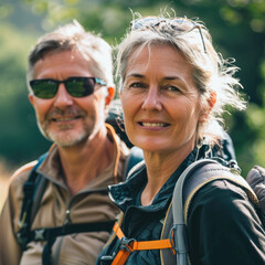 Portrait cheerful smiling middle age woman hiking walking with her husband enjoying free time and nature. Active beautiful seniors in love together at sunny day