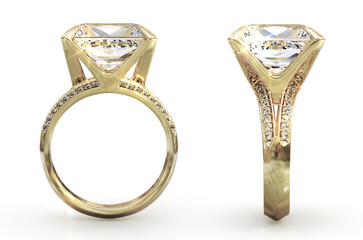 Big princess cut solitaire diamond ring. 3d illustration set on white background