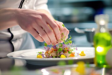 A chef is delicately decorating a dish of food in a kitchen using various ingredients and...