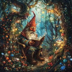 A gnome deciphering the mysteries of quantum computing amidst a vibrant, enchanted forest