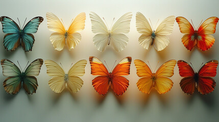 animation of butterflies turquoise and orange all over in rows on a plain white