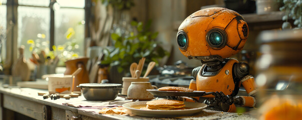 Cheerful kitchen robot, flipping pancakes with flair, sunny morning vibe