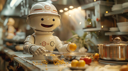 Happy android cooking, whisking ingredients with a smile, cozy kitchen setting