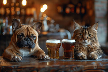 Happy hour for pets, animals mingling with beers in paw