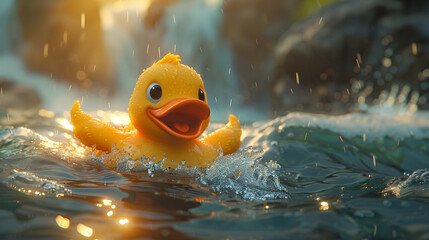 Laugh-out-loud heroics, superhero with rubber duck, unconventional rescue - obrazy, fototapety, plakaty