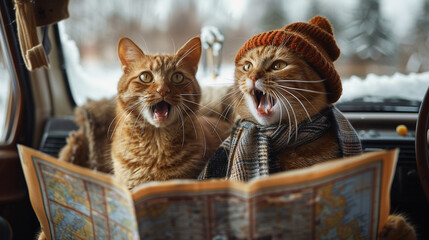 Joyful ride, feline singing duo with road map, navigating to the next gig