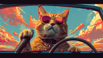 Singing cat with microphone in a convertible, musical highway adventure - obrazy, fototapety, plakaty