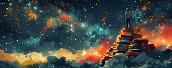 Success story illustration, climbing a ladder of books to the stars - obrazy, fototapety, plakaty