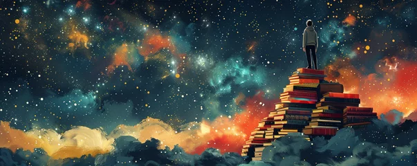 Foto op Canvas Success story illustration, climbing a ladder of books to the stars © charunwit