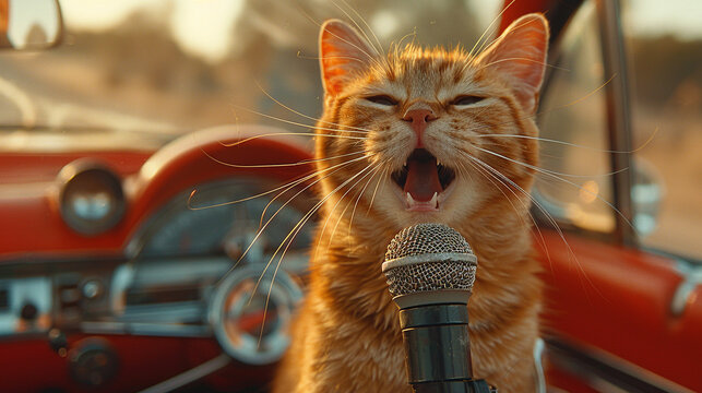 Singing cat with microphone in a convertible, musical highway adventure