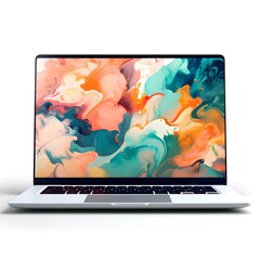 Modern laptop displaying vibrant abstract art on screen, isolated on white background