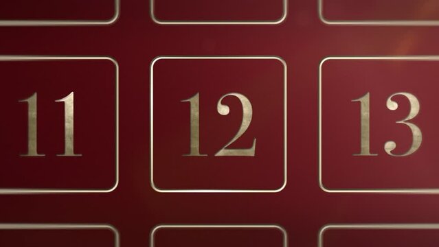 Red door number 12 twelve opening calendar reveal, updateable green screen revealing transition sting, 3D gold xmas festive golden numbered doors shiny video, Christmas Advent Calendar animation