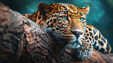 closeup shot of a wild leopard resting calmly on a tree in the jungle - obrazy, fototapety, plakaty